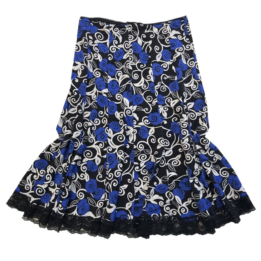 Y2K VALIA women's b&w + blue floral whimsygoth skirt with lace trim, M.